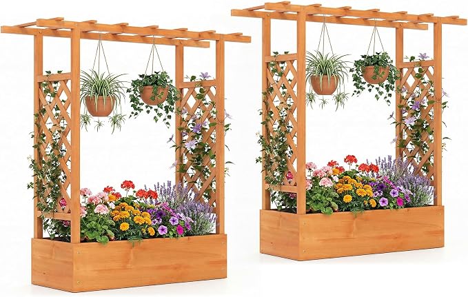 Giantex Wooden Raised Garden Bed with Trellis & Hanging Roof, 2 Pack Fir Wood Planter Box, 45" Freestanding Elevated Garden Bed for Outdoor Climbing Plants Vegetables Flowers, Patio & Balcony, Orange