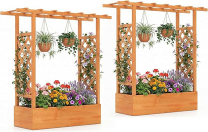 Giantex Wooden Raised Garden Bed with Trellis & Hanging Roof, 2 Pack Fir Wood Planter Box, 45" Freestanding Elevated Garden Bed for Outdoor Climbing Plants Vegetables Flowers, Patio & Balcony, Orange