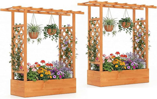 Giantex Wooden Raised Garden Bed with Trellis & Hanging Roof, 2 Pack Fir Wood Planter Box, 45" Freestanding Elevated Garden Bed for Outdoor Climbing Plants Vegetables Flowers, Patio & Balcony, Orange