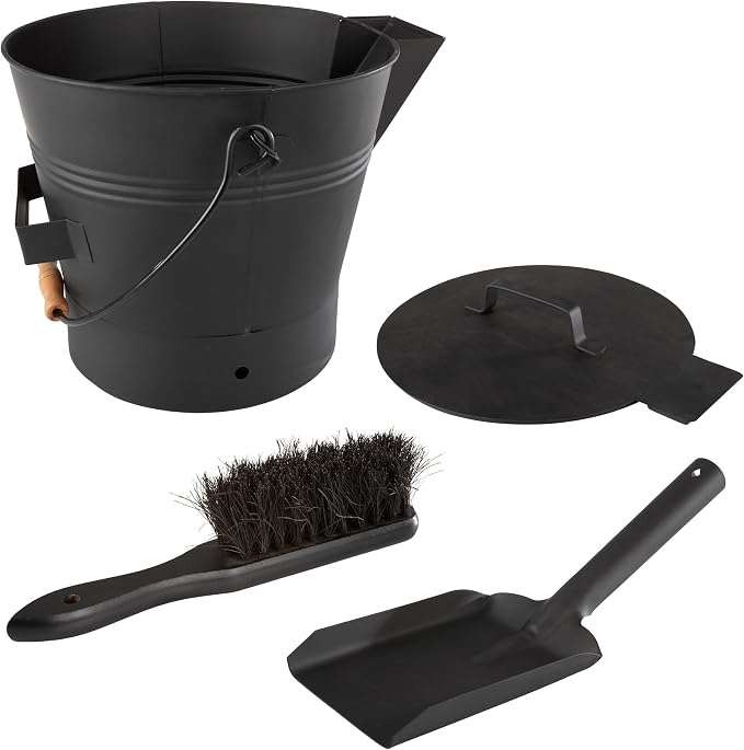 Pure Garden Ash Bucket - Metal Bucket with Lid (2.11-Gallon), Broom, and Shovel for Fireplace or Firepit Ashes - Fireplace Tools (Black) - 1 Count