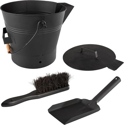 Pure Garden Ash Bucket - Metal Bucket with Lid (2.11-Gallon), Broom, and Shovel for Fireplace or Firepit Ashes - Fireplace Tools (Black) - 1 Count