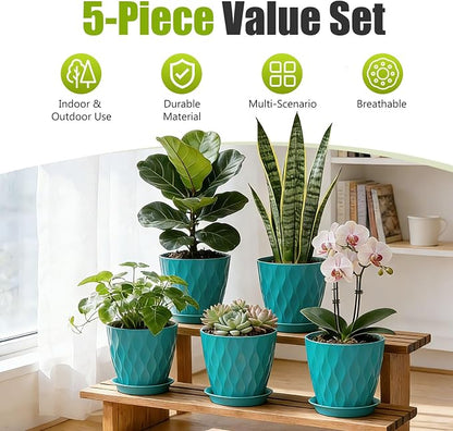 8 Inch Plastic Plant Pots,Set of 5 Flower Pots,Planters with Drainage Holes & Saucers, Indoor Outdoor Garden Pots for Home Decor(Blue-Green)