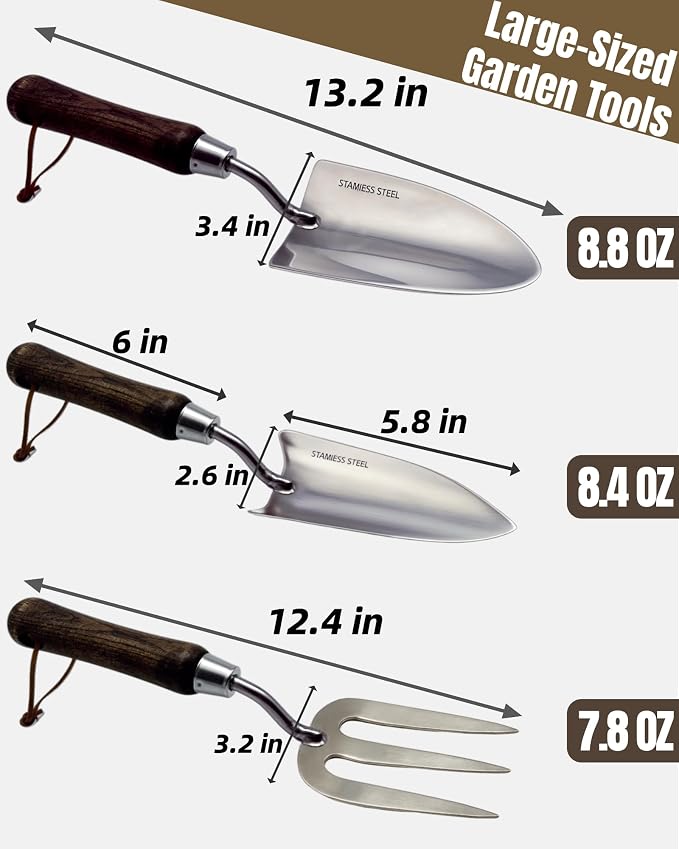 Garden Tool Set, 6PCS Heavy Duty Stainless Steel Gardening Hand Tools with Ropes, Includes Hand Cultivator Shovel Trowel Transplanter 2-in-1 Hoe Pruner, Ideal Gardening Gifts for Women Men (Classic)