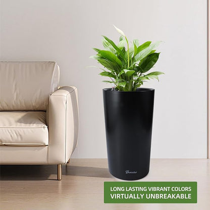 Dexceder 22x13 Self Watering Tall Planter (Black Matte) | High Cylinder, Thickened Large Floor Standing Flower Plant Pot with Water Level Indicator Indoor Outdoor