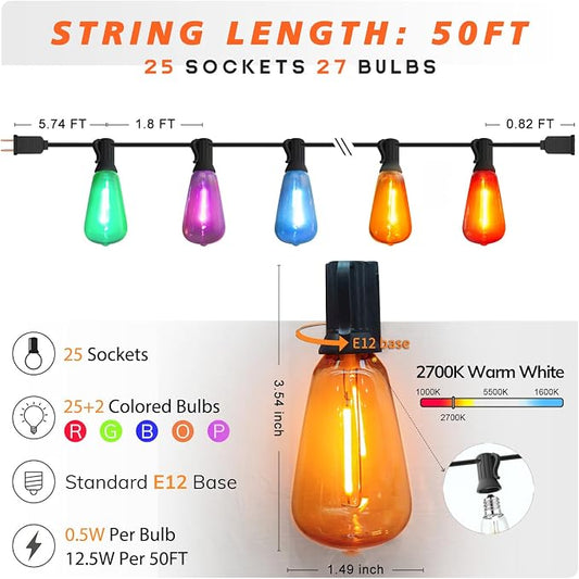 Achin 50FT Outdoor String Lights Multicolor Patio Lights Waterproof with 25+2 LED ST38 Colored Bulbs Shatterproof, Colorful String Lights for Christmas, Party, Holiday