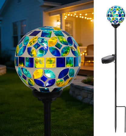 VCUTEKA Solar Lights Outdoor Decorative - Waterproof Mosaic Solar Garden Light, LED Pathway Stake for Landscape Lawn Patio Yard, Solar Globe Lights Outdoor, 1 Pack Green Blue