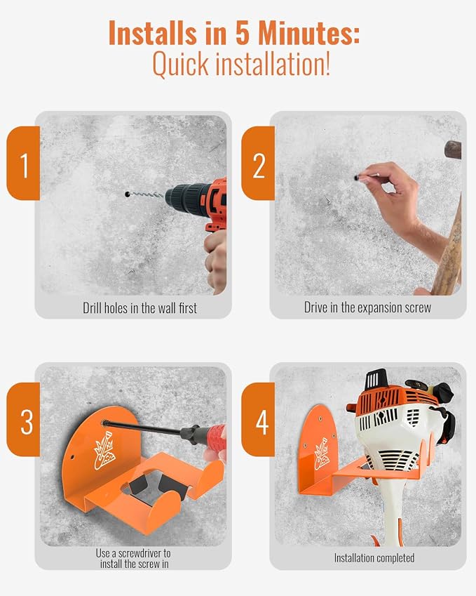 Weedeater Rack & Snow Shovel Hanger - 4 Pack - 180LB Heavy-Duty Alloy Steel Wall Mount Set for Winter Gear, Stihl Power Tools, Grass Trimmer, Garden Tools, Space-Saving Storage for Garage, Shed