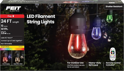 Feit Electric 24ft LED String Light, Color Changing, 3000K Bright White, 15,000-Hour Lifetime, Heavy-Duty 18/2 Cord for Outdoor Use Only, Linkable, Remote Control Included, SL24-12/RGBW/WFIL