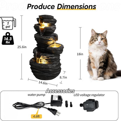 25.6" Outdoor Rock Water Fountain, Garden Water Feature, Outdoor Fountain with LED Lights, Multi Tier Cascading freestanding Water Fountain, Suitable for Patio Yard Porch Landscape, Black