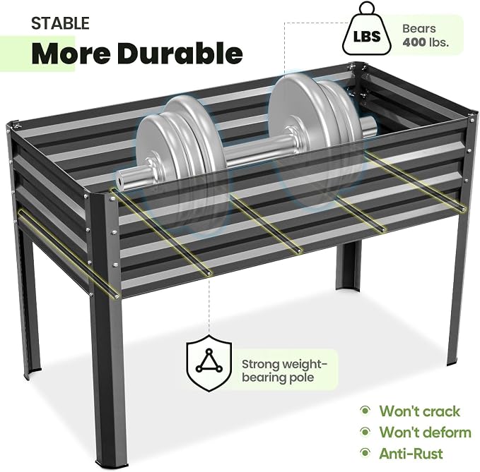 KING BIRD Raised Garden Bed with Irrigation System and Legs Galvanized Elevated Planter Box 48×24×31.5 in for Backyard, Patio, Balcony, 400lb Capacity, Dark Grey