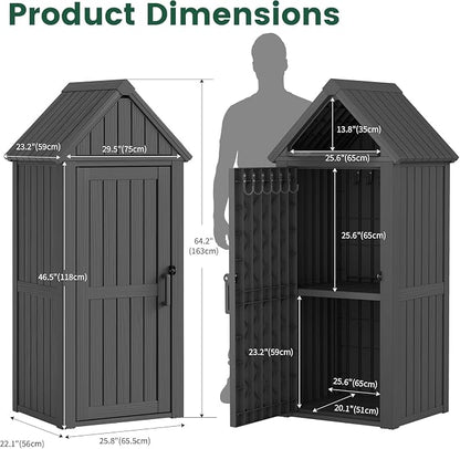 Bifanuo Deck Box Storage Shed Outdoor Storage Cabinet, Vertical Waterproof Resin Material Plastic Shed with Removable Shelves, 12 Hooks and Lock Ring for Garden, Pool and Patio (Black)