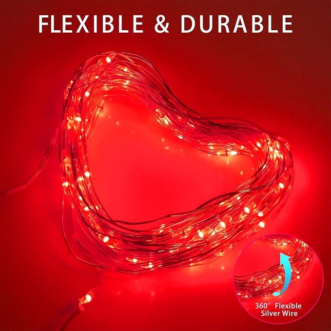 Red Solar Christmas String Lights Outdoor Waterproof, 2Pack Total 200Led 8 Modes Copper Fairy Lights, Solar Powered Outside Decorations for Valentines Day, Garden, Patio, Fence, Balcony