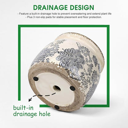 Flower Pots Planters for Indoor Plants Ceramic Plant Pots with Drainage 6.1 Inch Vintage Ceramic Pots for Plants Outdoor Home Garden Decor, Vintage Gray Bloom