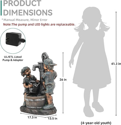 26" Boy and Girl Outdoor Fountain LED 3-Tier Cascading Waterfall | bronze finish, children drawing water scene, patio garden Porch