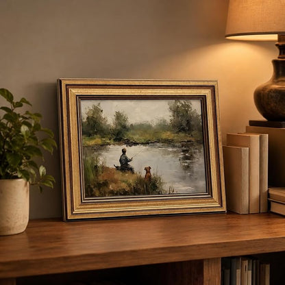 Devunaty Gold Framed Vintage Wall Art Boy Fishing Wall Decor Paintings Funny Dog and Boy Landscape Canvas Print Picture Retro Country Farmhouse Artwork for Kids Bedroom Living Room Decor 9"x11"