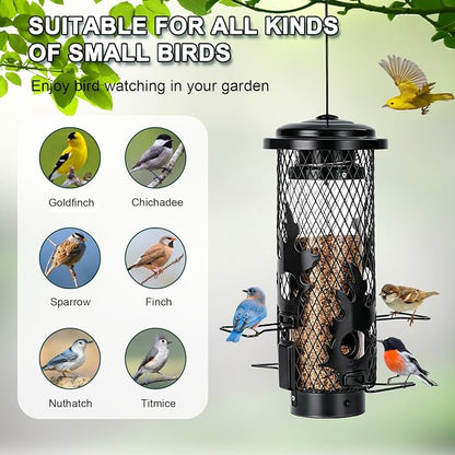 Gbekery Squirrel Proof Bird Feeders for Outdoors Hanging, Black | Metal Wild Bird Feeders for Small Birds with Weight Activated Perches, Weatherproof and Durable, Perfect for Backyard Garden