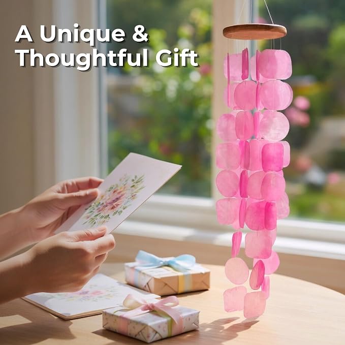 Solange & Frances Pink Capiz Shells Wind Chimes. Spring Decor Wind Chimes for Outside Garden Decor. Unique Birthday Gifts for Women, Gift for Men, and Gifts for Grandma