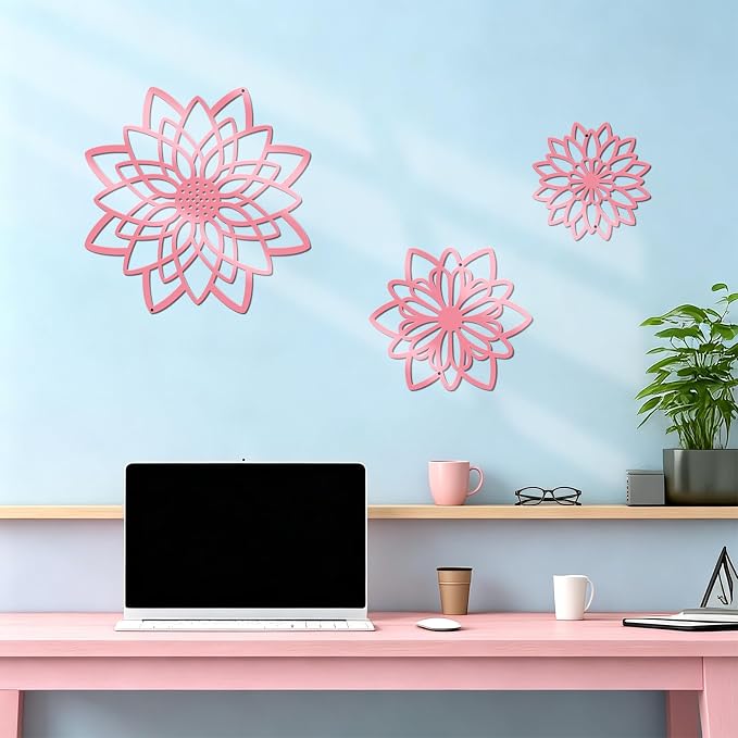 3 Pieces Metal Flowers Wall Decor, Black Wall Decoration Metal, Flower Art Wall Decor Farmhouse Wall Decorations Multiple Flowers Hanging Decor for Bathroom Living Room Home Kitchen Garden Office (Pink Concise)