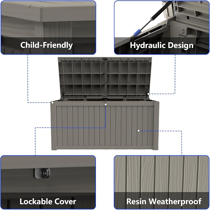 180 Gallon Outdoor Storage Box Resin Deck Box All Weather Waterproof Large Lockable Storage Container Deck Box for Patio Furniture, Garden Tools, Lockable, Grey