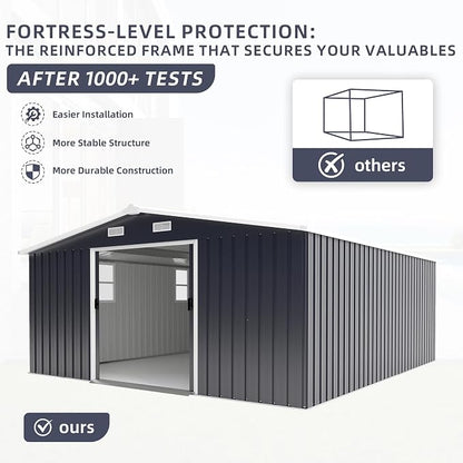 10x12 FT Outdoor Storage Shed Metal Garden Tool Shed with 2 Windows,Waterproof Tool Shed W/Sliding Door & Vents,for Bike Storage,Dark Gray