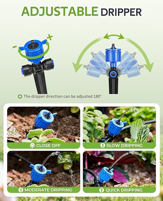 HIRALIY 100FT Drip Irrigation System with Timer, Pressure Compensated Watering Kit with 24 Adjustable Emitters, Quick Connect Garden Irrigation for Raised Beds, Greenhouses and Garden Rows