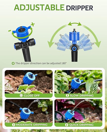 HIRALIY 100FT Drip Irrigation System with Timer, Pressure Compensated Watering Kit with 24 Adjustable Emitters, Quick Connect Garden Irrigation for Raised Beds, Greenhouses and Garden Rows