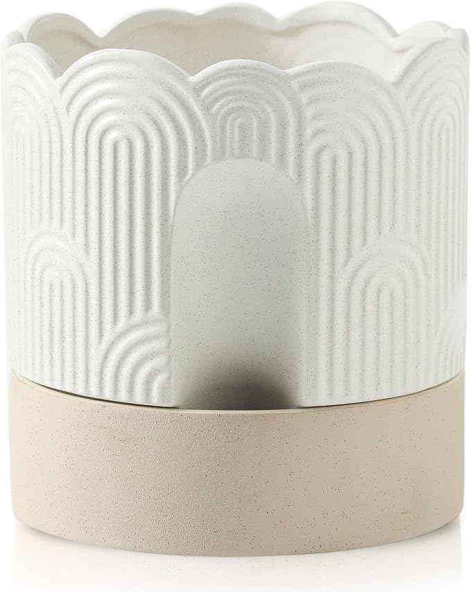Nihow Ceramic Self Watering Pots for Indoor Plants, 8 Inch,Beige | Visible Water Level Fill Port,Planter with Cotton Wick,Water Storage Plus, Cylinder Round Flower Pot, Succulent/Herbs/Violets