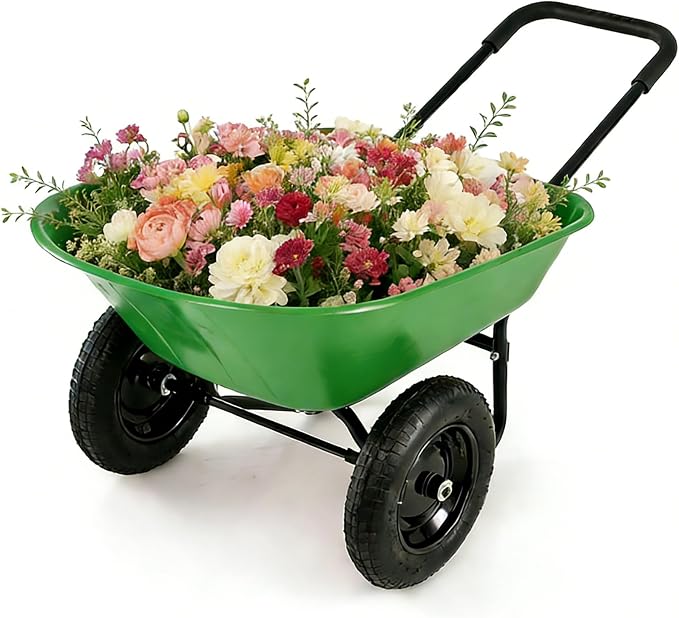 ERGOMASTER Dual-Wheel Wheelbarrow, Home Utility Garden Cart, Large Heavy Duty Yard Cart for Gardening (Bright Green)