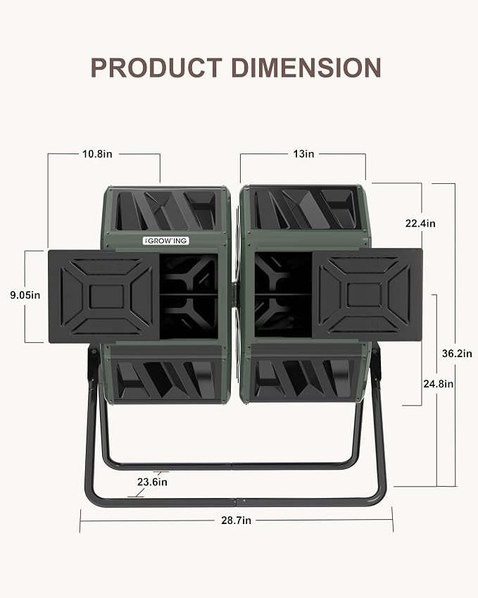 THE Growing 53 Gallon Large Outdoor Compost Bin Tumbler Barrel, Green | Dual 26.5gal lawn-matching chambers for bulk waste. Reinforced frame adds stability. Easy outdoor bolt structure assembly.