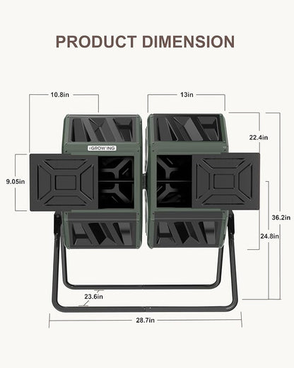 THE Growing 53 Gallon Large Outdoor Compost Bin Tumbler Barrel, Green | Dual 26.5gal lawn-matching chambers for bulk waste. Reinforced frame adds stability. Easy outdoor bolt structure assembly.