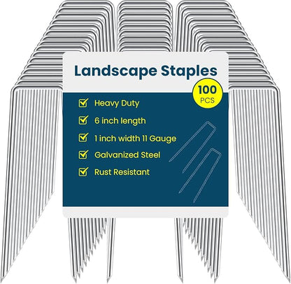 6 Inches Galvanized Garden Staples, Metal Tent StakeHeavy Duty U-Shaped Pins and Landscaping Staples for Sod Anchoring Landscape Fabric Irrigation Tubing (100, Silver)