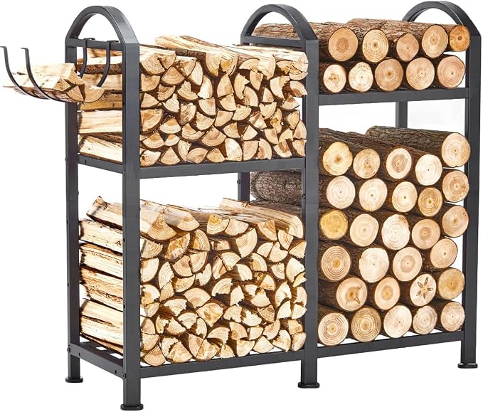 Firewood Rack Indoor Outdoor With Hooks, 31inch Firewood Rack, 2-Tier log holders for firewood outdoor, Fireplace Wood holder Indoor, Adjustable Small Fire Wood Storage