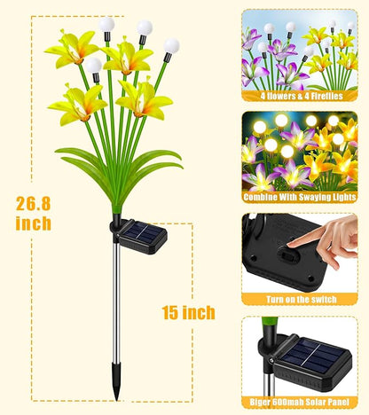 EDOF Solar Lights Outdoor Waterproof Garden Decor,4 Packs Lily Flowers Firefly Lights,Birthday Gifts for Women Mom,Solar Flowers Decorative Stakes Lights for Outside Yard Lawn Patio Porch Decorations