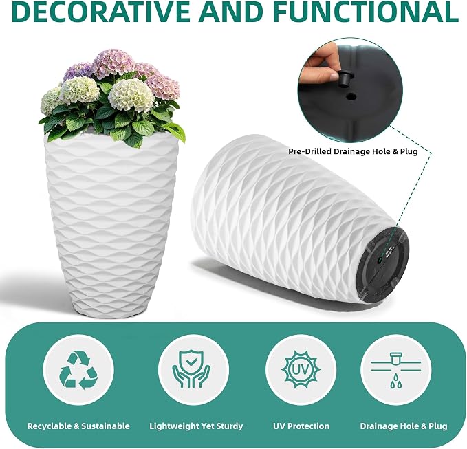 2-Pack 19" White Resin Tall Outdoor Planters with Wave Texture | High-density resin planters with Nordic wave texture, drainage holes, and weather-resistant finish for porch or patio