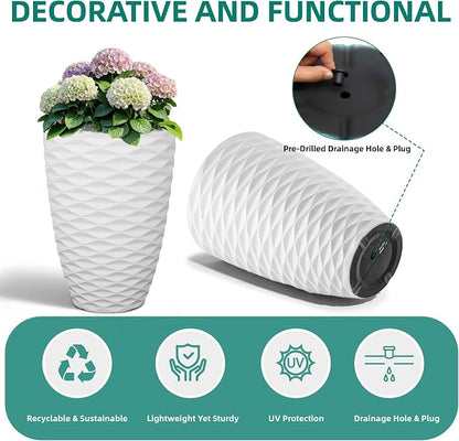 2-Pack 19" White Resin Tall Outdoor Planters with Wave Texture | High-density resin planters with Nordic wave texture, drainage holes, and weather-resistant finish for porch or patio