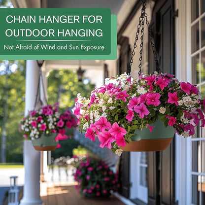 Set of 2-8 Inch Hanging Planters for Indoor Plants with Self-Watering Includes Hanging Pots for Plants, Outdoor Hanging Plant Pot with Drainage, and 2 Types of Hanging Baskets Hangers (Green)