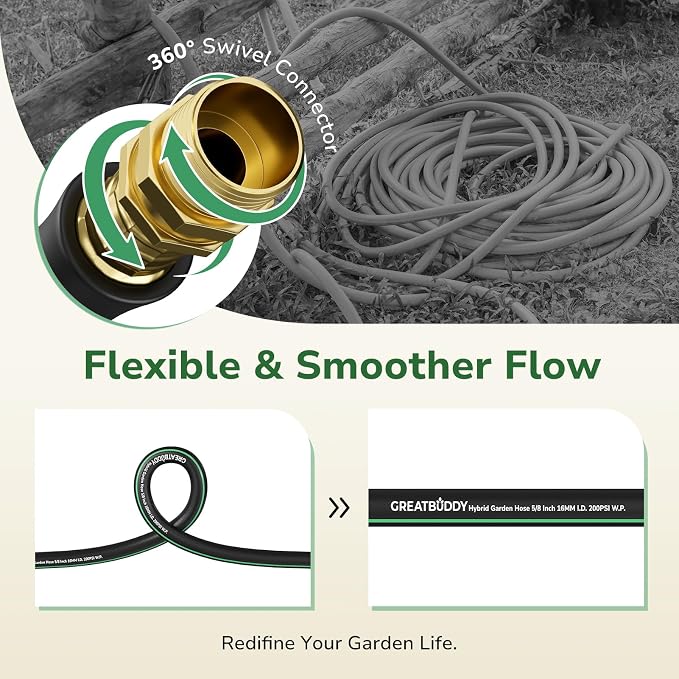 GreatBuddy 100 ft Garden Hose, Flexible Rubber Water Hose 5/8", Heavy Duty, Lightweight Hose, Burst 600 PSI with Solid Brass Male to Female Fittings, Leakproof Hose for Backyard, Garden