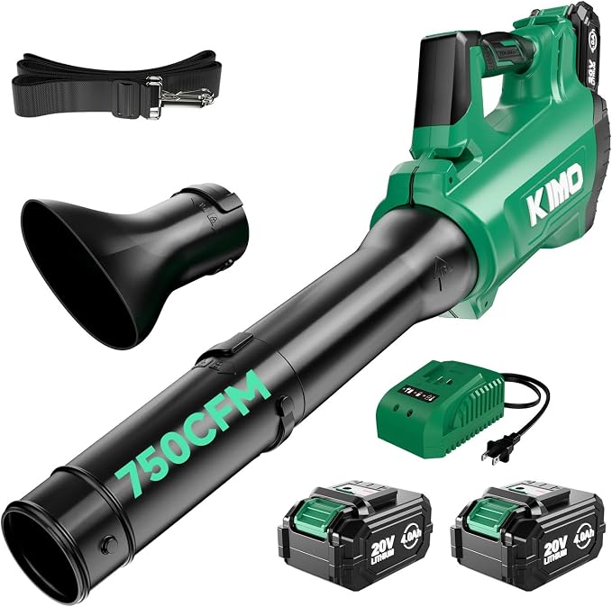 KIMO Leaf Blower Cordless with Battery and Charger, Brushless Motor, 650CFM 160MPH, Turbo Mode and 3 Speeds, 2 Pack 4000mAh Battery Powered Leaf Blowers for Lawn Care, 3 Extended Tube, Shoulder Strap
