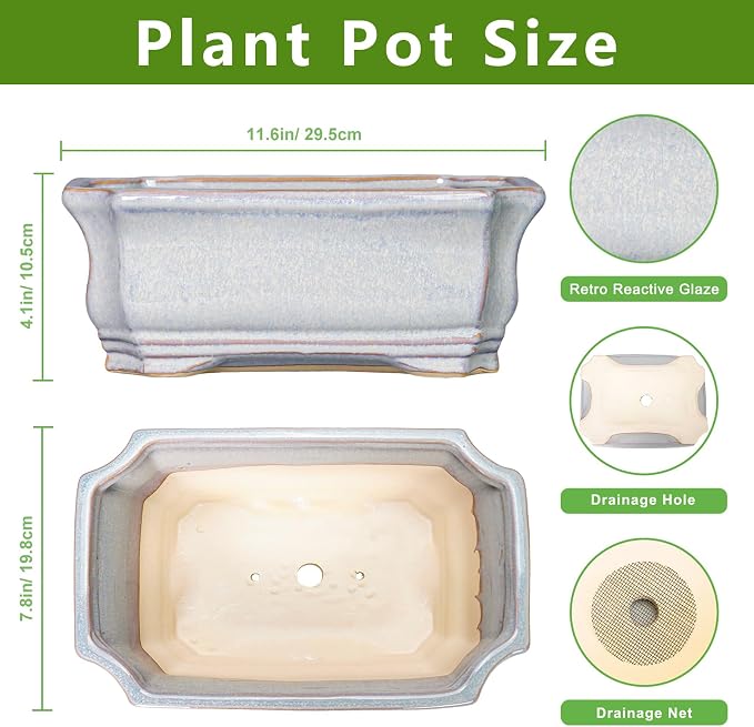 Ceramic Bonsai Planter - 11.6 Inch Bonsai Tree Pots for Succulent Plants, Succulent Planters with Drainage Hole, Shallow Decorative Planter, House Decor, House Warming Gifts, Rectangular Grey
