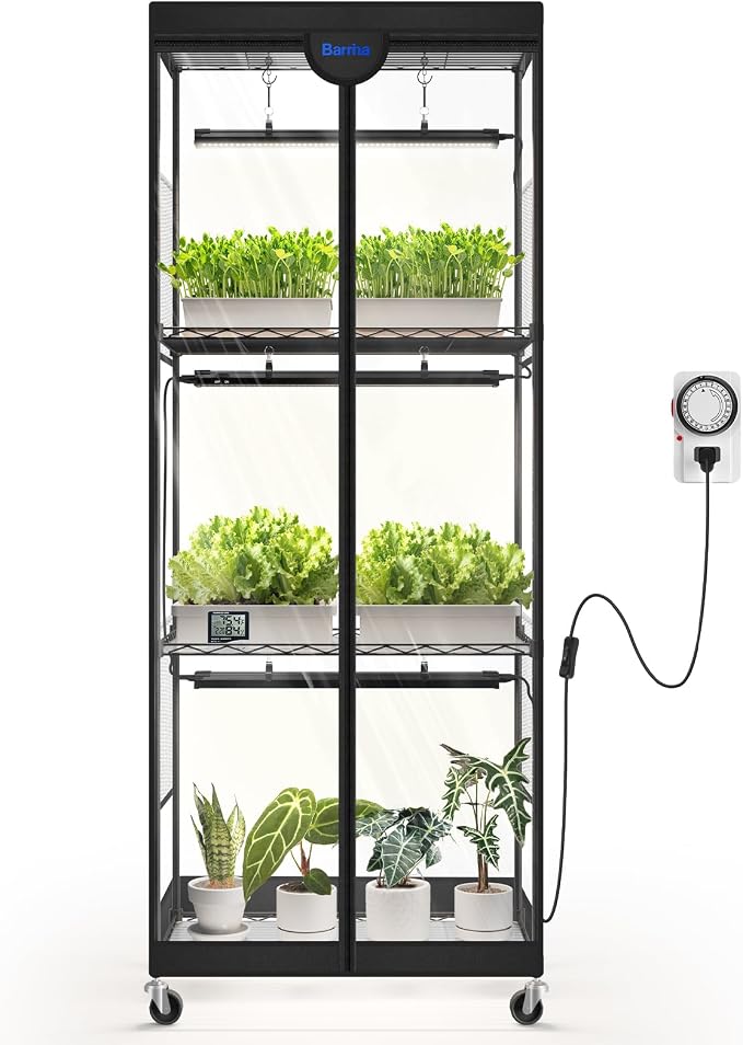 Barrina LP600 Indoor Greenhouse with Grow Light, 75W TX-S25 1.6FT 5000K, 4-Tier Plant Stand with Full Spectrum Lights, Plant Shelf with Tent, Timer & Thermometer for Seed Trays,Growth,23.6x13.8x59.1IN