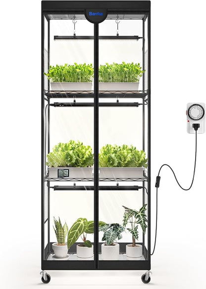 Barrina LP600 Indoor Greenhouse with Grow Light, 75W TX-S25 1.6FT 5000K, 4-Tier Plant Stand with Full Spectrum Lights, Plant Shelf with Tent, Timer & Thermometer for Seed Trays,Growth,23.6x13.8x59.1IN