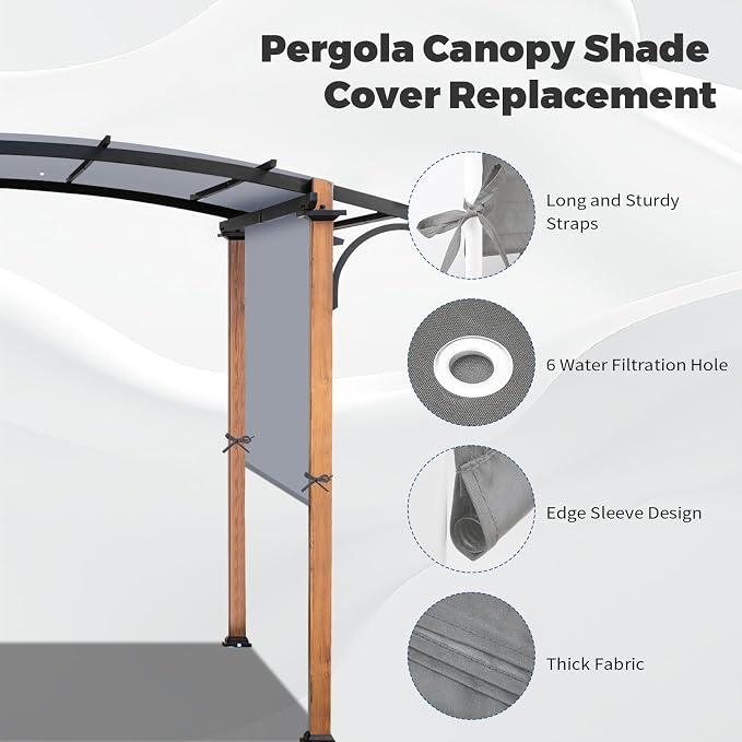 17' x 6.8' Waterproof Pergola Canopy Replacement Cover, Light Gray | Waterproof polyester canopy with built-in drainage holes and adjustable tie straps for a secure fit in rain and wind.
