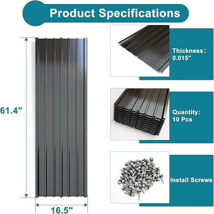 NeatiEase 10 Pcs Metal Roofing Panels, 5.1 Feet Corrugated Galvanized Roofing Panels Metal Siding Panels with Steel Screws for Pergola, Gazebo, Shed, Outdoor Storage, Chicken Coop,Garages (Black)