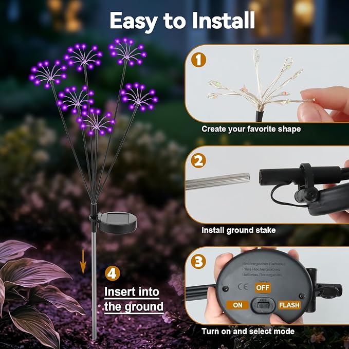 Solar Garden Lights Outdoor, 2 Pack New Upgraded Solar Swaying Starburst Light, Waterproof Fireworks Solar Lights, Yard Patio Pathway Decoration, Purple
