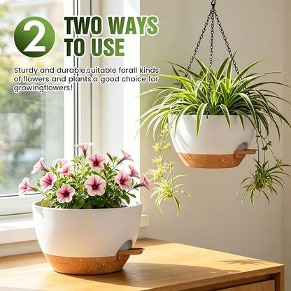 12 Inch Large Self Watering Hanging Planters 2 Pack with Saucers | Set of 2 12-inch self-watering hanging planters with extra soil capacity, side-fill ports, chain hangers & snap-on saucers