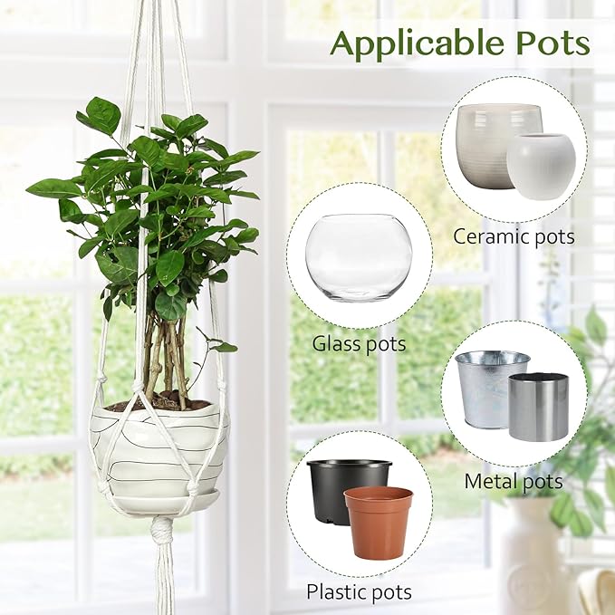 AOMGD 6 Pack Macrame Plant Hanger Indoor Hanging Planters, 43", Ivory | Indoor Outdoor, Includes 6 S Hooks and 6 Hook Nails, Hanging Plant Holder, Boho Home Decor