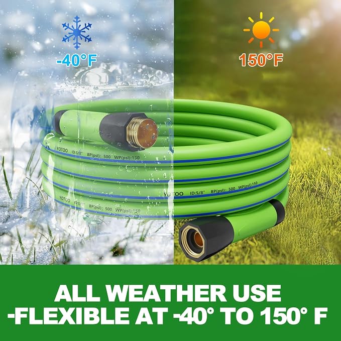 YOTOO Heavy Duty Hybrid Garden Water Hose 5/8-Inch by 25-Feet 150 PSI Kink Resistant, Flexible with Swivel Grip Handle and 3/4" GHT Solid Brass Fittings, Green+Blue