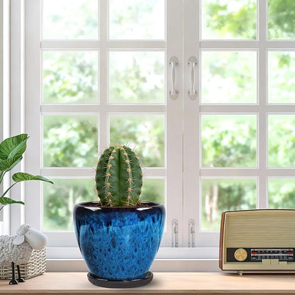 Ceramic Plant Pots with Saucer, 6 inch Glaze Planters for Indoor Plants with Drainage Holes, Decorative Small Flower Pots Outdoor, Modern Succulent Pots for Home Room Decor