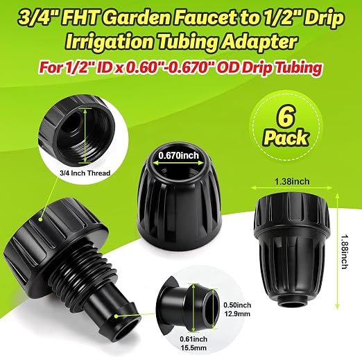 Universal 3/4 Inch Female Pipe Thread to 1/2 Inch Drip Irrigation Tubing Adapter, 6 Pack 1/2 In. Barbed Drip Line x 3/4 In. Faucet PVC Adapter Connect 3/4" FHT Garden Faucet Hose Bibb