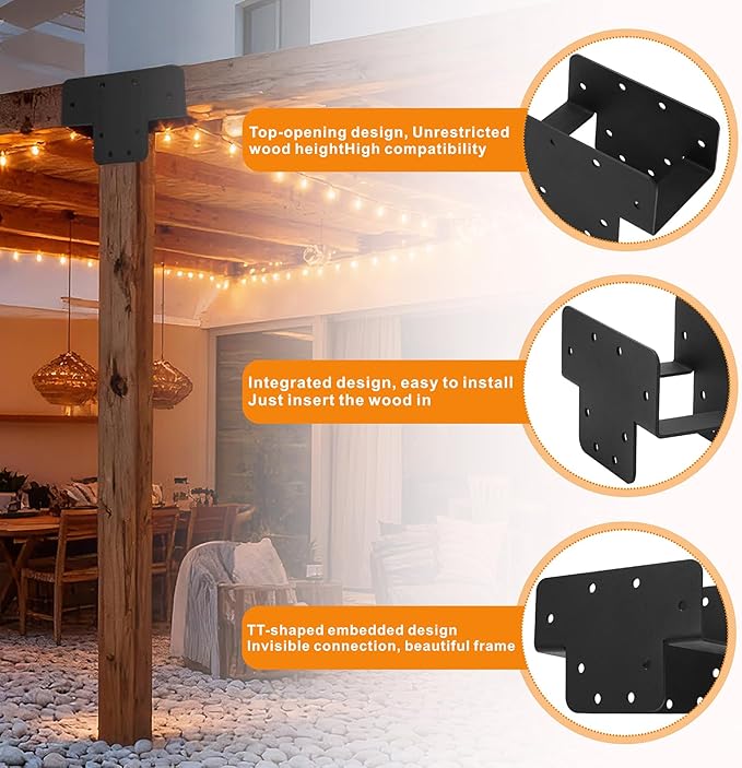 Ertuohg 2 Pcs Pergola Kit T Shaped 4x4 (Actual Size 3.57"x3.57"), Heavy Duty Woodwork DIY Pergola Brackets Kit, 4x4 3 Way T Bracket for Pergolas and Gardens, Matte Black